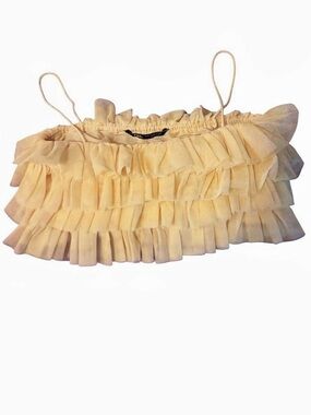 Zara Pale Yellow Tiered Ruffle Spaghetti-Strap Crop Top